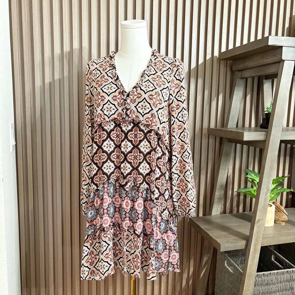 Anthropologie Boho Print Long Sleeve Mini Dress – Size XS